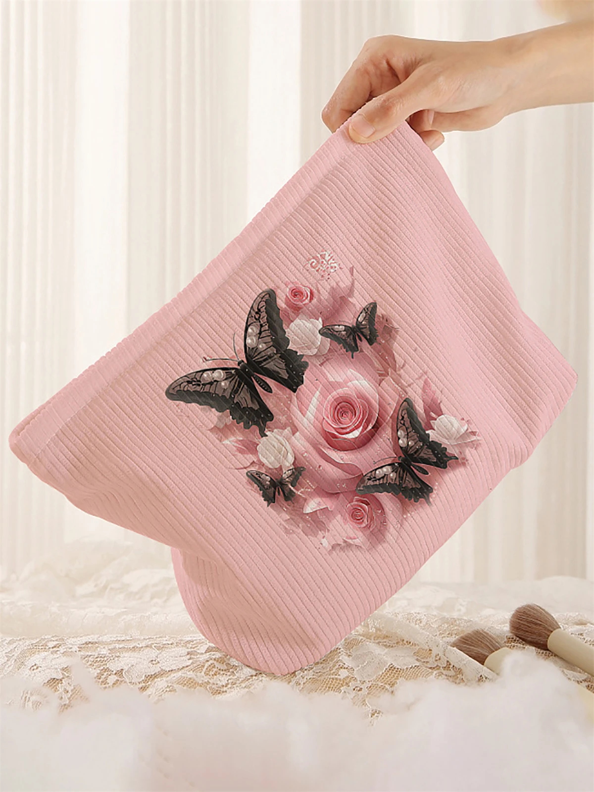 1 butterfly patterned corduroy makeup bag, lightweight zipper makeup storage box, multifunctional bag with lining