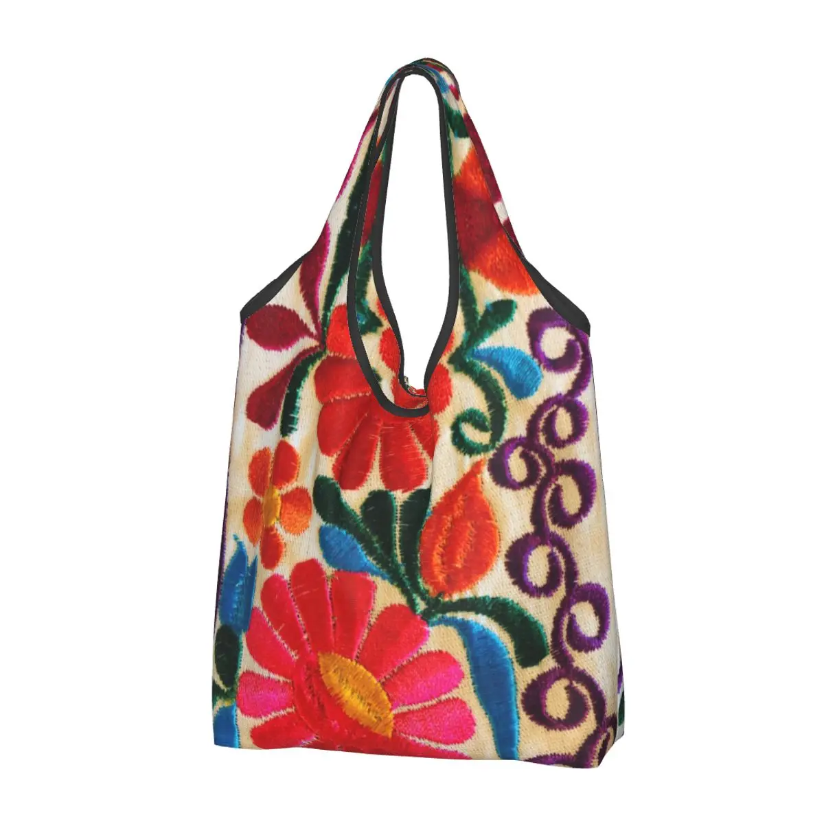 Mexican Flowers Embroidery Art Groceries Tote Shopping Bag Women Textile Floral Folk Shoulder Shopper Bag Large Capacity Handbag