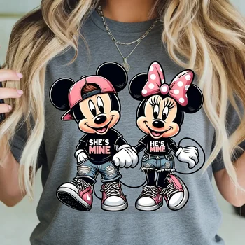 Disney Mickey and Minnie Cute Cartoon Pattern Printed Women's Loose Autumn/Winter Short Sleeved T-shirt Trendy 1