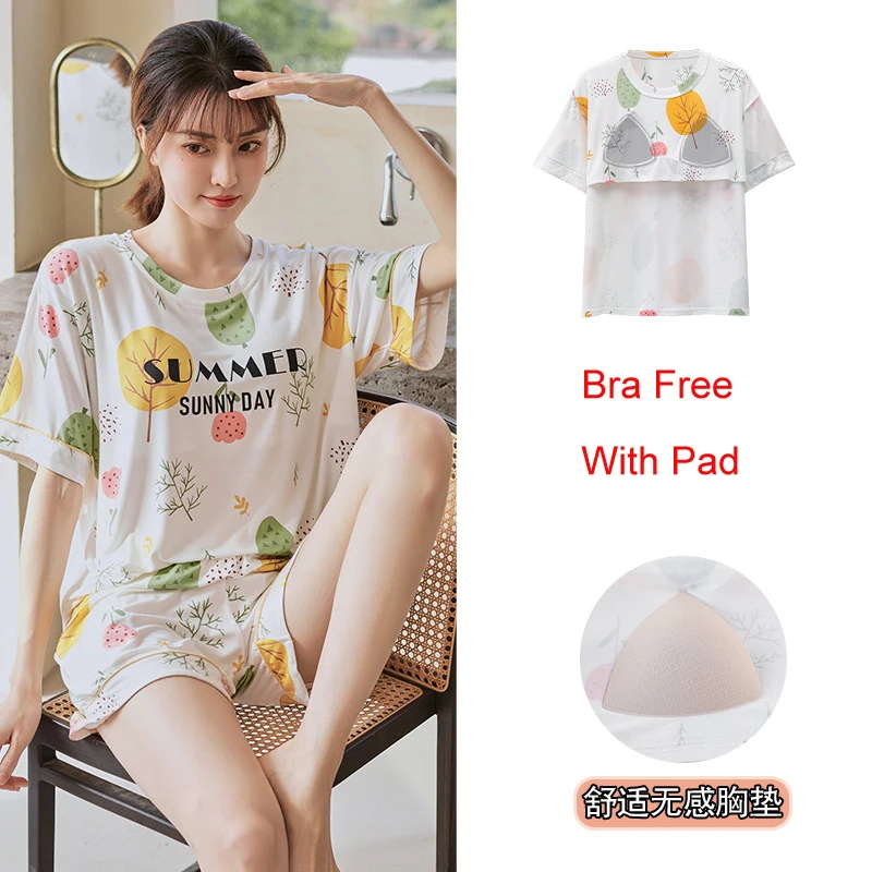 Ladies Wear Home Pajamas Set Modal Nightwear with Bra Pad Women's Pijama Korean Fashion Sleepwear with Bra Pad Loungewear