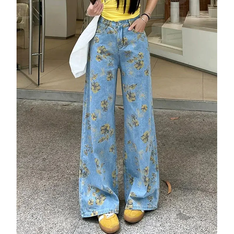 2025 Lady Retro Blue Flower Print Jeans Pants Female High Waisted Denim Pants Girls Thin Casual Daily Jeans Trousers 4