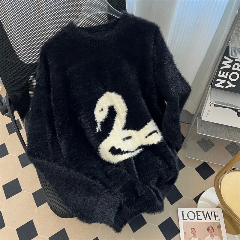 

American snake print sweater men autumn winter Korean Simplicity y2k street hip hop personalized warmth couple knitted hoodie