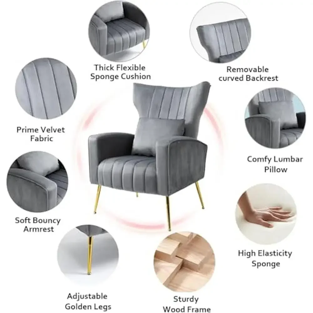 Accent Chairs Set of 2 with Wingback & Lumbar Pillow Velvet Upholstery Cozy Seating Mid-Century Style Living Room Bedroom Office