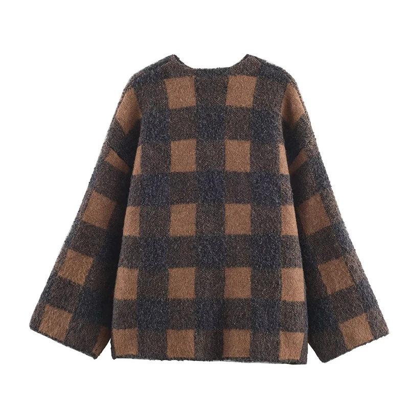 Chic Fashion Check Knitted Jackets for Women 2025 Autumn Winter Long Sleeve Coats High Street Casual Loose New Jacket Overcoat