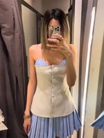 Patchwork Contrast Color Pleated Mini Dress Women Chic Strap Sleeveless Backless Single Breasted Dresses 2025 Spring Lady Robe 2
