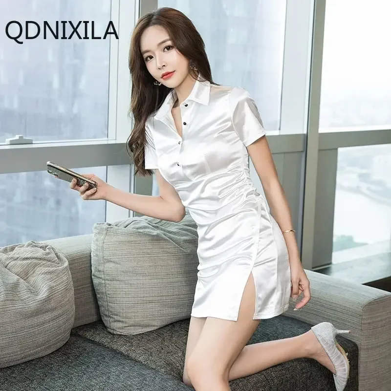 

Dresses for Women 2024 High Imitation Silk Summer Dress Pleated Silky Satin Sexy Split Shirt Skirt Chic and Elegant Woman Dress