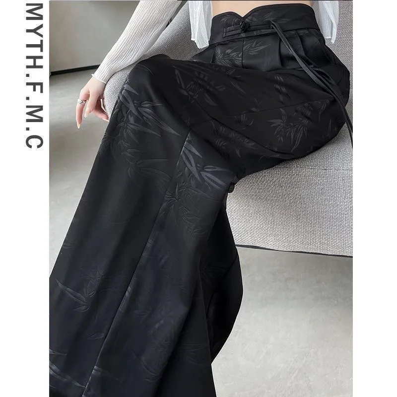 New Chinese Style Satin Jacquard Wide Leg Pants Women Spring and Summer New High-waisted Slim Casual Sweatpants Vintage
