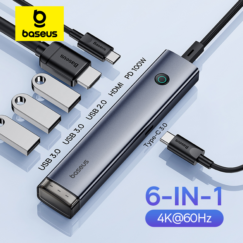 Baseus USB C Hub 4K 60Hz USB Type C 3.0 to HDMI-Compatible RJ45 PD 100W USB 3.0 Slim Adapter USB C Dock for MacBook Air USB HUB