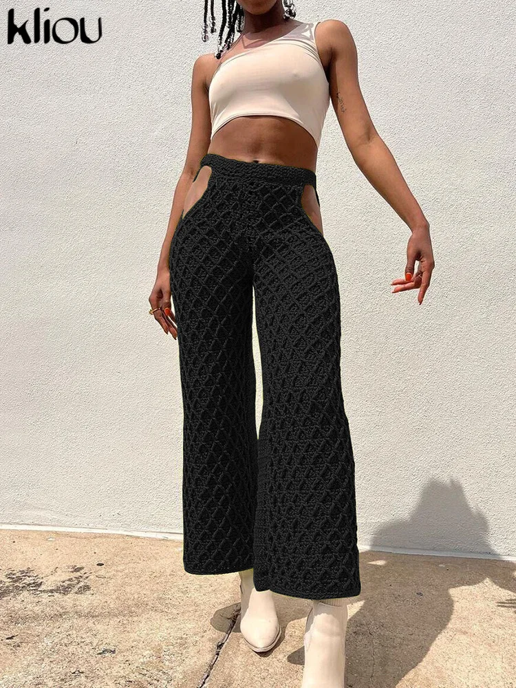 Kliou Knitted Hollow Out Pants Women Sexy Hipster Holes See Through  Stretchy Solid Straight Trousers Female Streetwear Bottoms - AliExpress