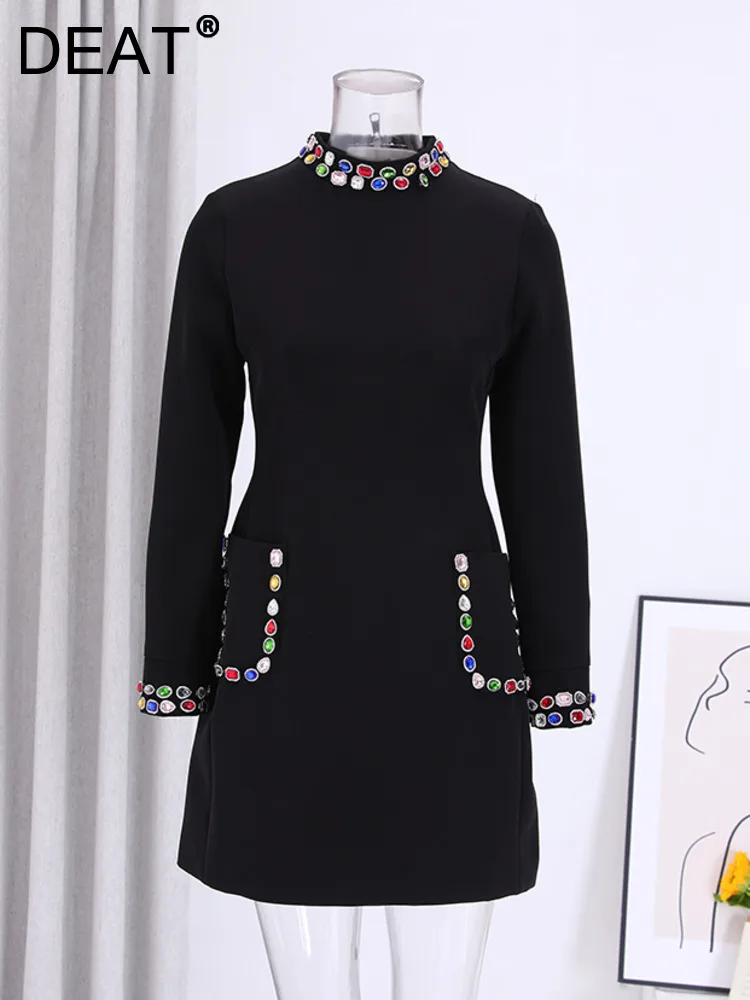 DEAT Beading Women Fashion Dress Stand Collar Evening Party Chic Style Full Sleeve Pockets Female Elegant Spring 2024 15KB5699