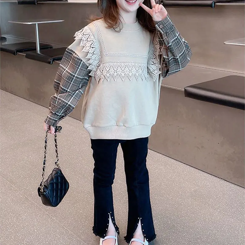

Elegant Fashion Harajuku Slim Fit Children Clothes Casual All Match Pullover O Neck Lace Long Sleeve Sweatshirt Fake Two Pieces