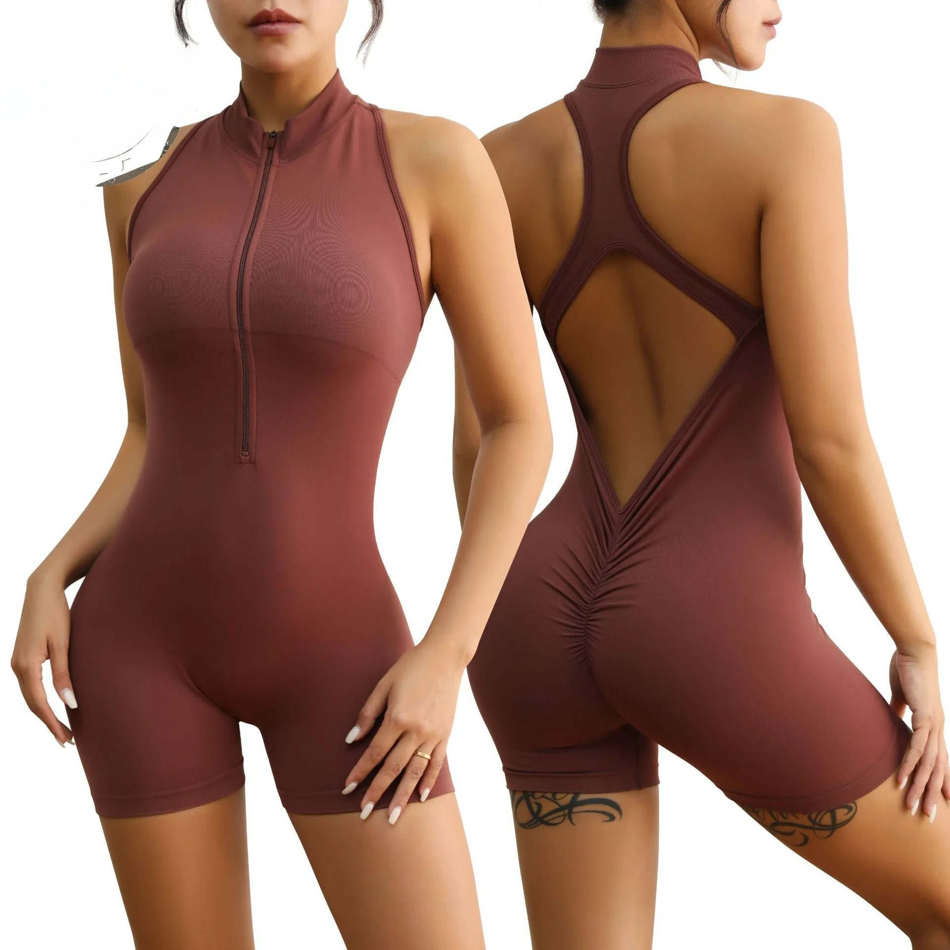 

Yoga Rompers V Back Sports Jumpsuit Zipper Gym Fitness Bodysuit Workout Sportswear Playsuit Women Peach Hip One-piece Yoga Suit