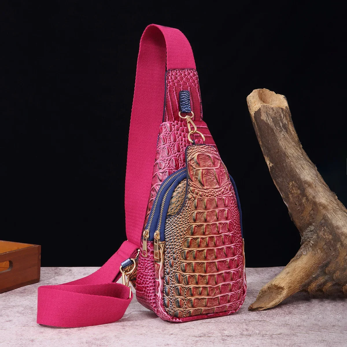 Retro Fashion Wide Shoulder Strap Women's Chest Bag Waist Bag Crossbody Bag Crocodile Pattern