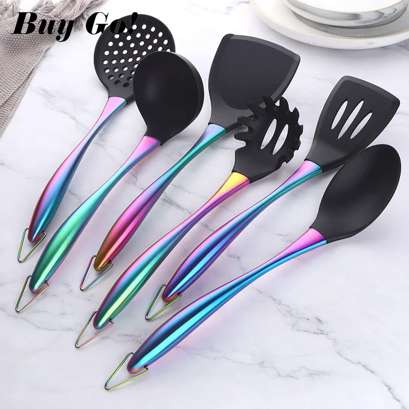 Non-Stick Black 1Pcs Heat Resistant Stainless Steel Handle Spatula Spoon  Silicone Kitchenware Cooking Utensils Set Kitchen Tools - AliExpress