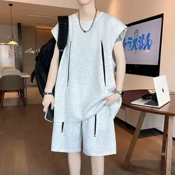 Set di t-shirt senza maniche da uomo sottile estivo, set di due pezzi casual sportivo versatile e alla moda 1