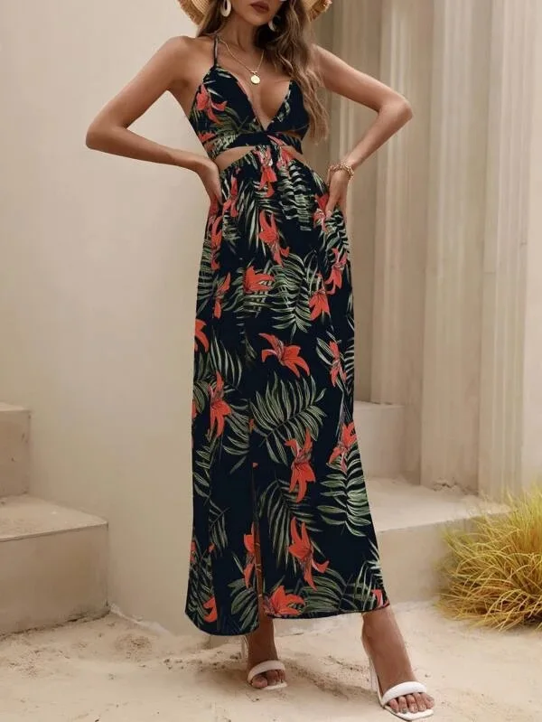 Print Halter Neck Slit Dresses Women Sexy Deep V-neck Hollow Out Backless Bowknot Leace-up Long Dress Female Streetwear Vestidos 22 undefined