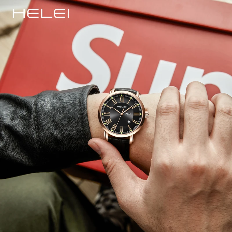 HELEI brand business luxury watches men's quartz watches waterproof quartz wristwatch leather fashion quartz wristwatch