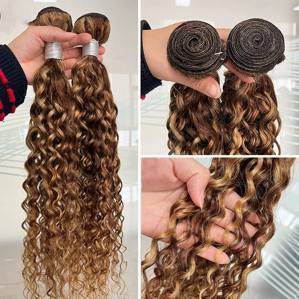 Sophianna Highlight Ombre 34 Inch 1 3 4 Bundles Double Weft Water Curly Bundles Brown Deep Wave Bundles 100%Human Hair Weaves 3