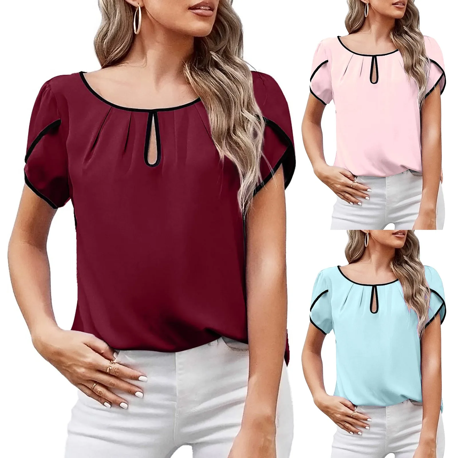 Women's Casual Summer Blouses Pleated Petal Cap Sleeve Round Neck