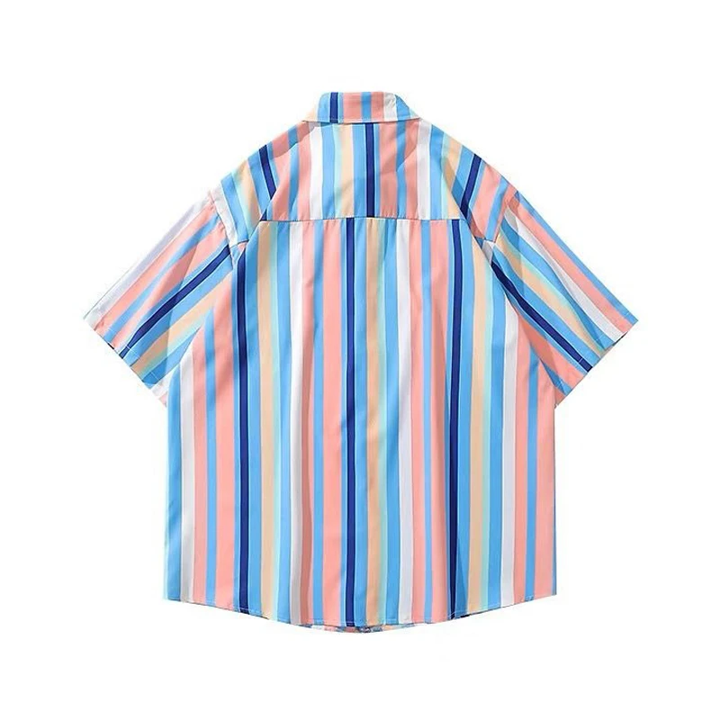 Description Picture 3 of itemAmerican Fashion Striped Contrast Printed Short-sleeved Shirt Korean Version 2024 Summer Loose and Versatile Couple Shirt Jacket