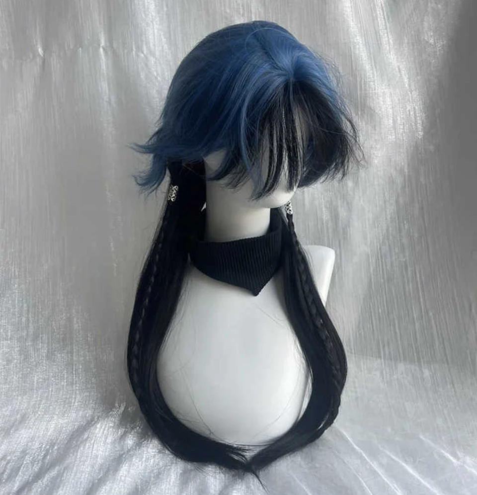 Black Blue Synthetic Straight Wig with Bangs for Women Cosplay