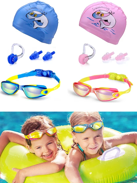 JSJM Colorful Children Silicone Swimming Goggles Anti-Fog UV Swimming Glasses Silicone Swim Eyewear Kids + PU Swim Cap Gifts Set 2
