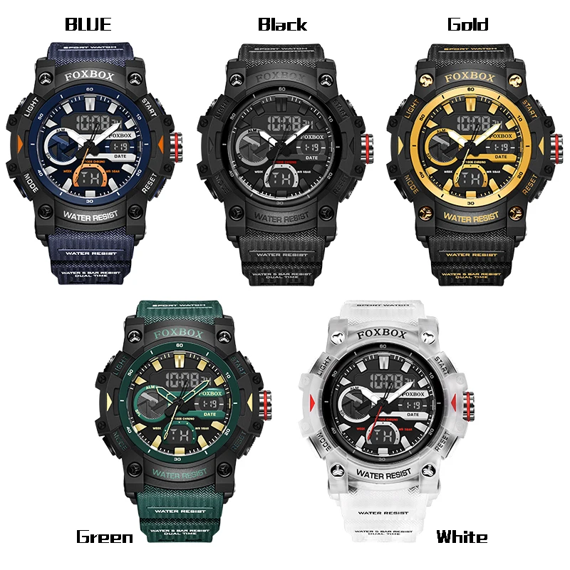 FOXBOX NEW Fashion Men's Sport Watches Shock Resistant 50M Waterproof Wristwatch LED Alarm Stopwatch Clock Military Watches Men
