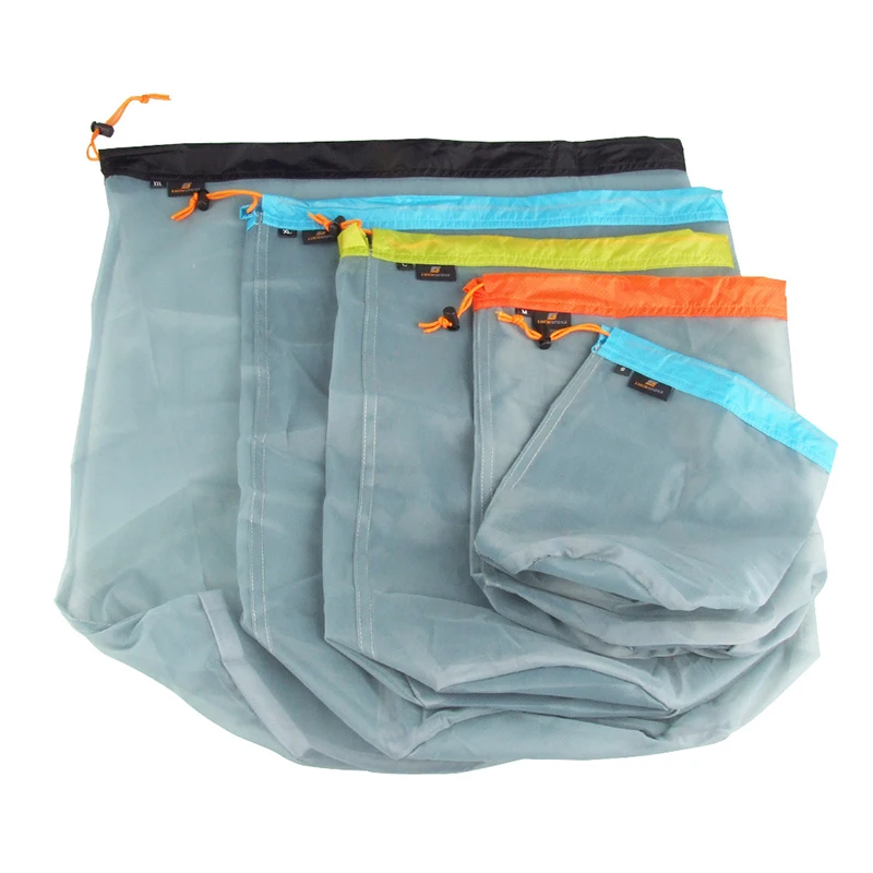 5 Size Travel Mesh Storage Bag Outdoor Drawstring Ultralight Mesh Stuff Sack Camping Traveling Organizer Hiking Tool Accessories