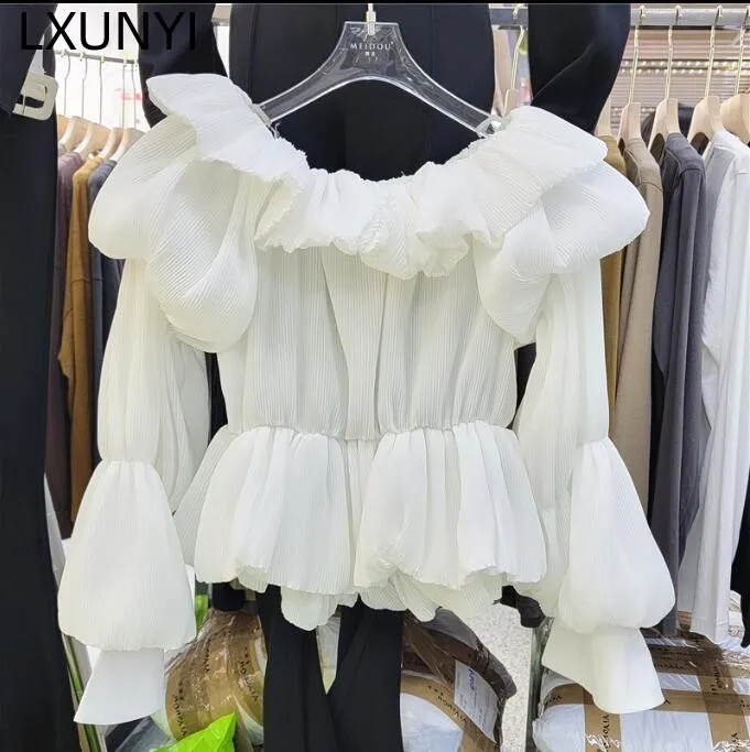 

LXUNYI Korean 2023 Spring Solid Chiffon Crew Neck Blouse Woman Sexy White Flare Sleeve Slim Ruffle Top Elegant Shirts for Women