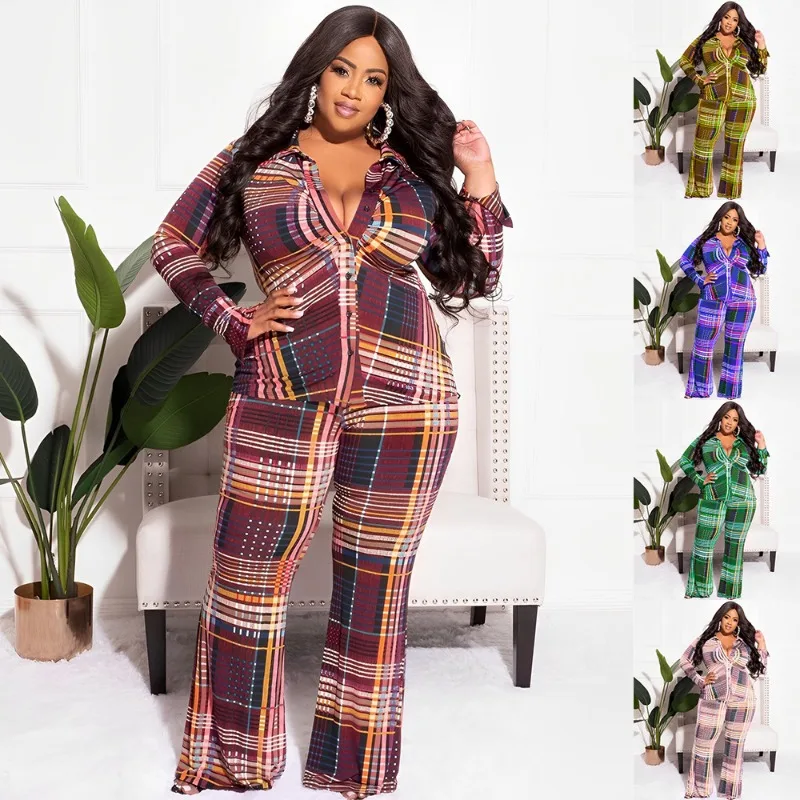 Plaid Printed Women 2 Piece Set Button Up Long Sleeve Shirts Wide Leg Pants Matching Set 2023 Fall Winter Workout Activewears