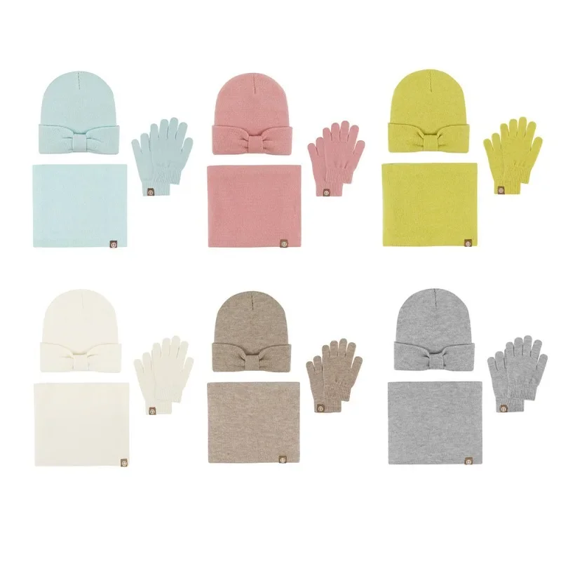 Alpaca Wool Toddler Hat Scarf Gloves Set Winter Baby Boys Girls Warm 3 in 1 Cute Bow Hats for Kids Infant Snood Knitted Bonnets