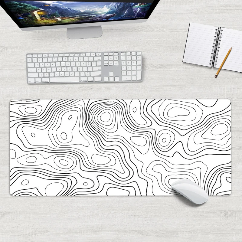 대형 게이밍 마우스 패드, 블랙 화이트 등고선 게이머 대형 마우스 매트, 컴퓨터 게임 잠금 엣지 마우스 패드, 키보드 데스크 마우스 패드