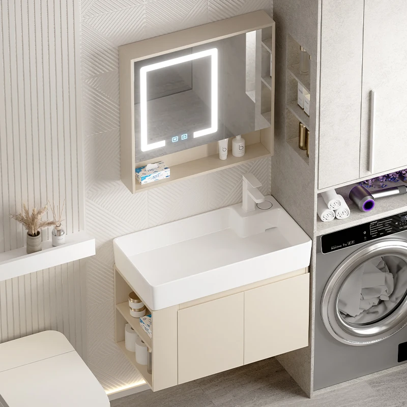 Solid wood small apartment ceramic cream integrated bathroom cabinet simple combination washing toilet wash basin washbasin pool