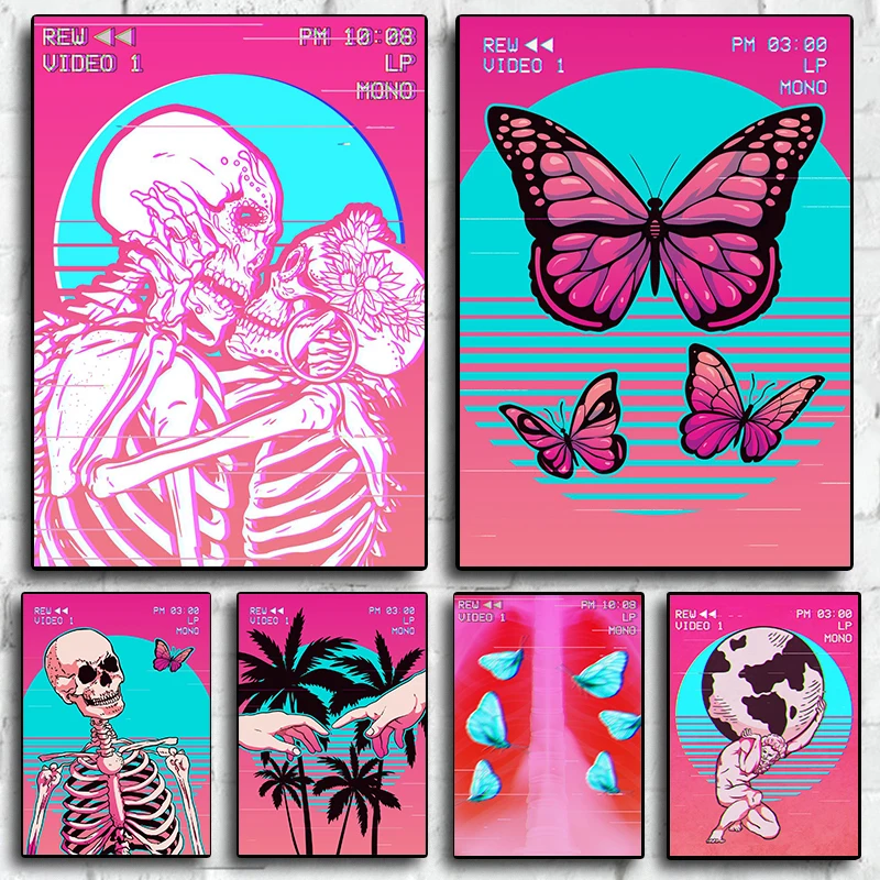 Retro Vcr Vaporwave Gifts Poster Neon Sculpture Scheletro Pink Art Canvas Printing Wall Art Decoration Paint Home Room Decoration