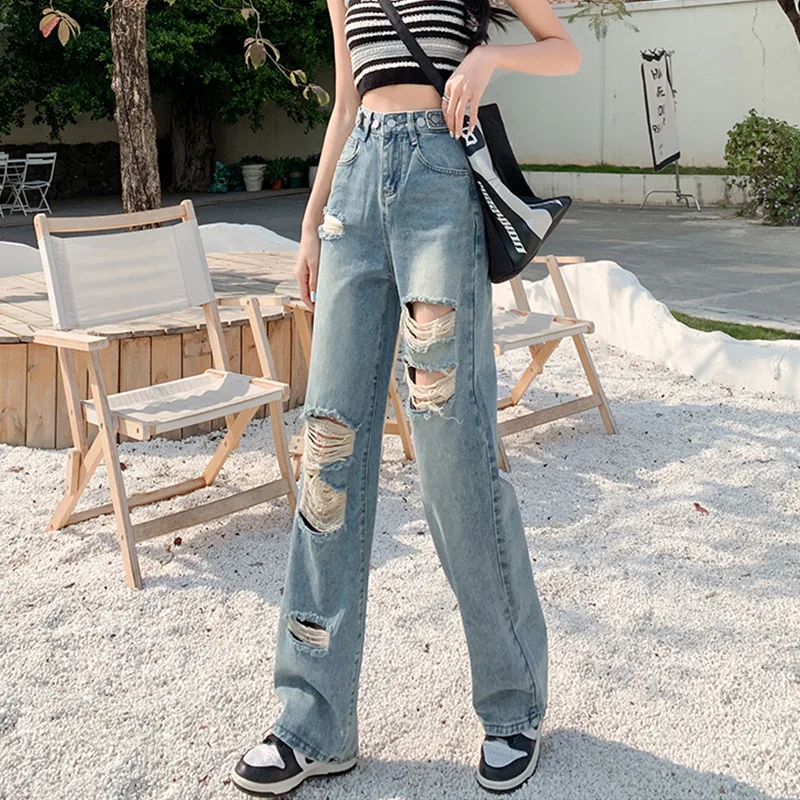 

Harajuku Korean Style Wide Leg Ripped Jeans for Women High Waisted Y2k Jeans Straight Loose Casual Pants Streetwear Trousers