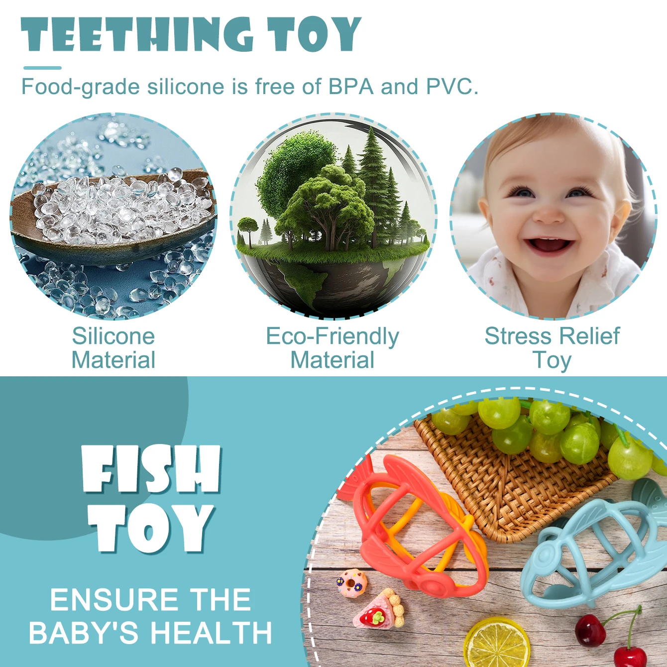 Color Kids 1PC Silicone Baby Teether Toy Food Grade Fish Chewing Toy Newborn Gift BPA Free Teething Ring For Toddler Baby Stuff 5