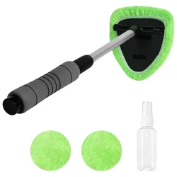 Portable Car and Home Glass Cleaning Tool with Microfiber Pads and Extendable Handle (Green)