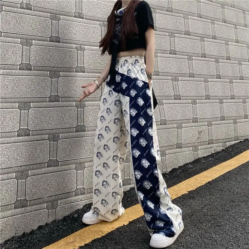 Summer Sports Chic Y2k Young Style Streetwear Women Korean Fashion Printed Contrasting Color All Match Long Wide Leg Trousers