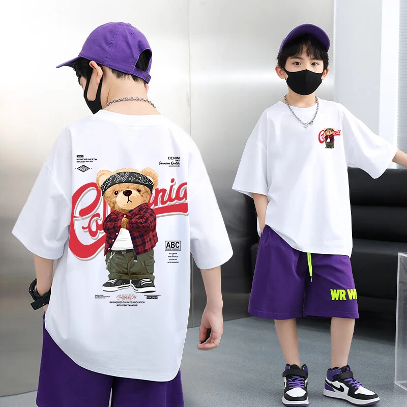 تي شيرت من القطن الخالص للأولاد تي شيرت برسومات الدب الكرتوني الرائع ملابس الأطفال الكورية تي شيرت صيفي بأكمام قصيرة تي شيرت