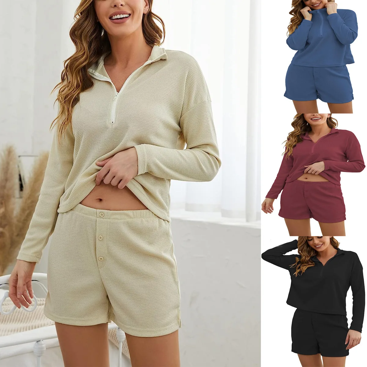 

New Long sleeved Shorts Home Fury Waffle Knitted Two Piece Set