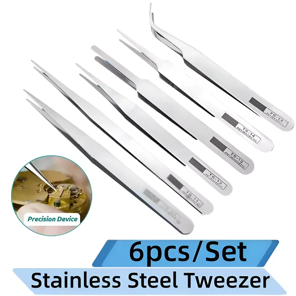 Tweezers Professional Watch Repair Tool Stainless Steel Straight Curved Tweezers Quartz Mechanical Watch Detail Repair 6pcs tweezer tool