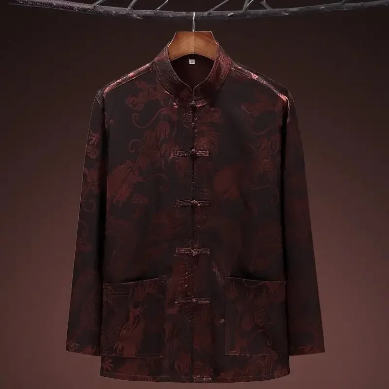 Chinese Dragon Pattern Retro Tang Suit Kung Fu Tai Chi Clothes Men's Hanfu Fu Cheongsam with Pocket Shirt Bottoming Shirt