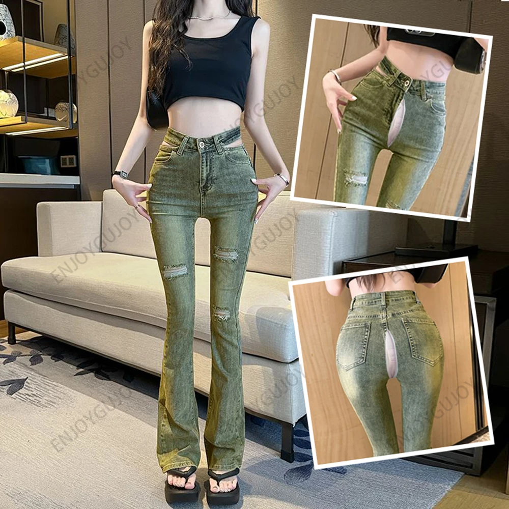 Vintage Hollowed Out Jeans Ms Invisible Open Crotch Outdoor Sex High Waisted Horseshoe Pants Slim Fit Micro Flared Trousers