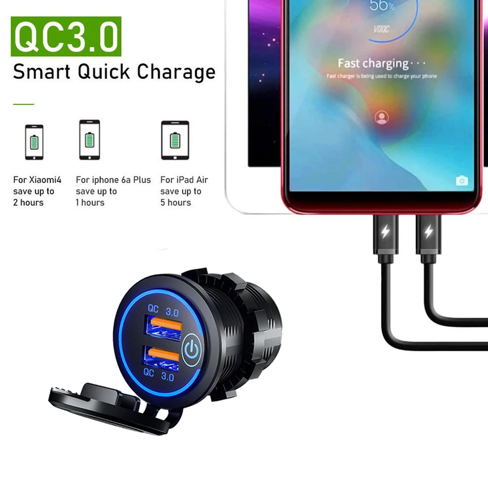 Prise Allume-cigare USB Pour Voiture/moto - Charge Rapide Avec Interrupteur - Noir