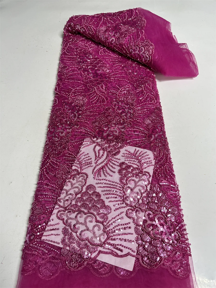 

African Red Handmade Bead Lace Fabric For Wedding 2024 High Quality Nigerian French Mesh Tulle Lace Fabrics With Sequins