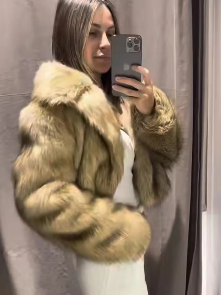 Women Elegant Faux Fur Coat Warm Fluffy Loose Long Sleeve Lapel Short Jacket Winter Fashion High Street Lady New Outerwear