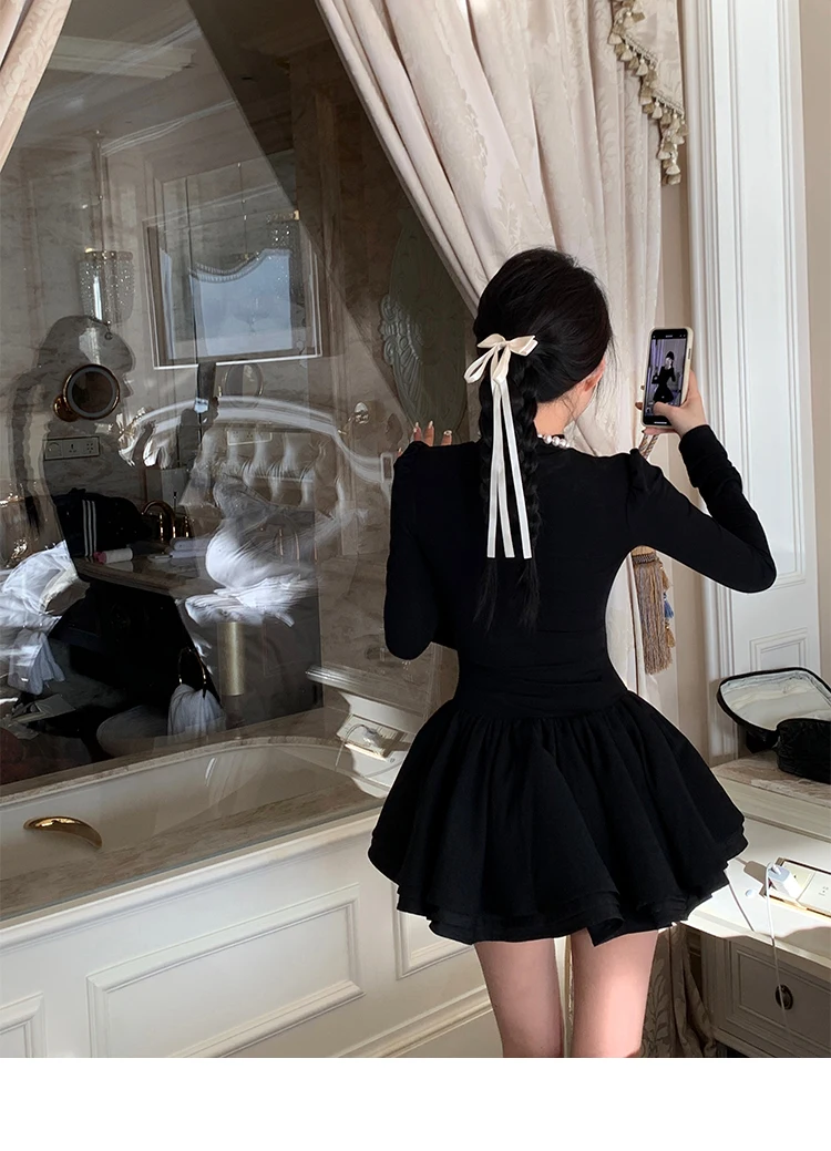 Elegant Solid Knitted Dress Women Long Sleeve Half High Collar A-line Mini Dresses Autumn Winter Birthday Party Vestidos Trend