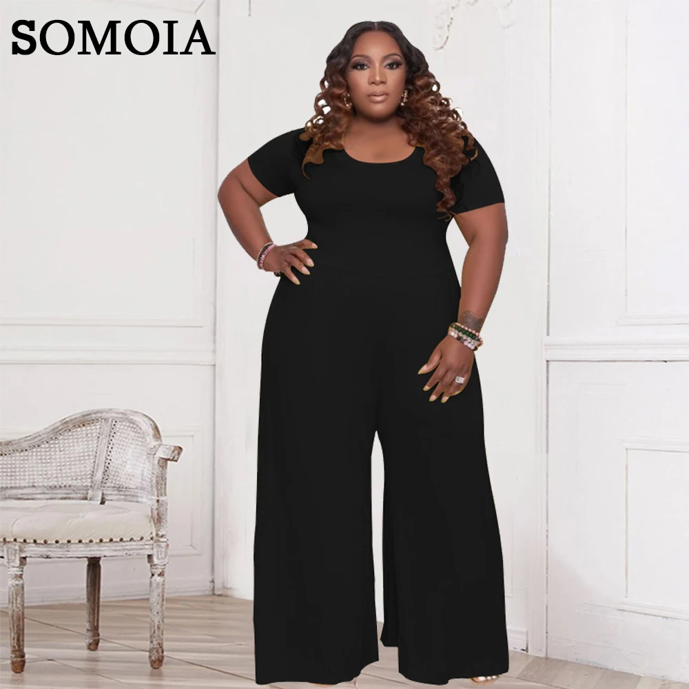 

SOMOIA XL-5XL Plus Size Jumpsuit Women Round Neck Short Sleeve Loose Wide Leg Large Size Casual Jumpsuit Wholesale Dropshipping