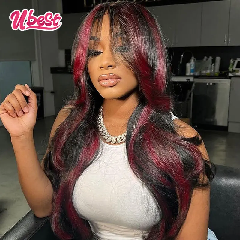 

13x6 34inches Red With 1b Color Body Wave Lace Front Human Hair Wig 180% Density Brazilian Transparen Lace Frontal Wig For Women