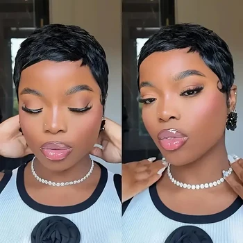 Short Pixie Cut Human Hair Wigs Machine Made Pixie Cut #350 Colored 99J 100% Human Hair Wigs for Black Women Colored Bob Wigs